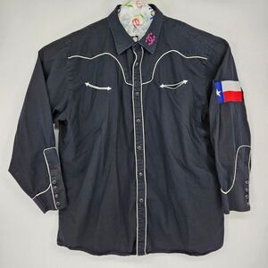 Vaccari‎ Shirt Mens XXL Pearl Snap Embroidered Texas Flag Western Rodeo Black